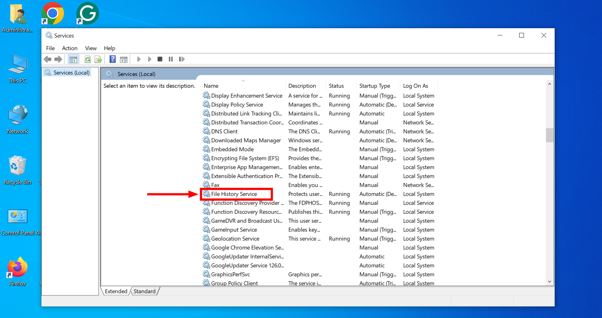 Click on File History Service